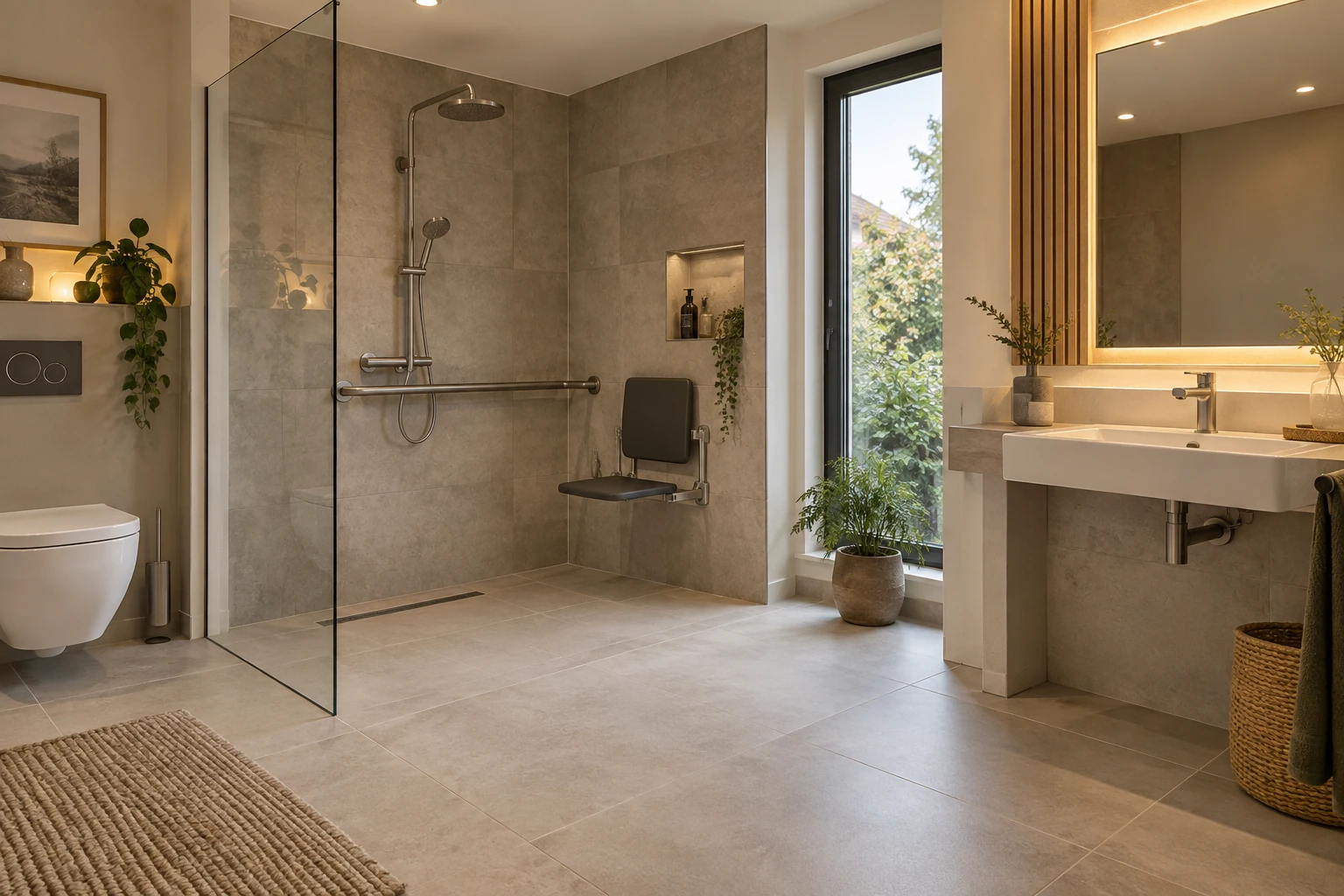 KI-Themenbild: Bodengleiche Dusche mit Sitz und Haltegriff