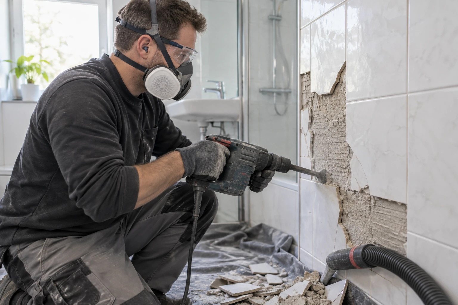 KI-Themenbild: Entfernen alter Wandfliesen mit einem kleinen Stemmhammer