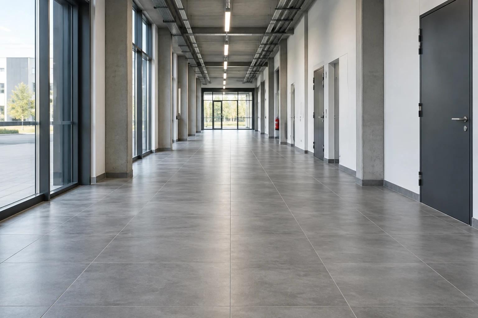 KI-Themenbild: Großflächiger Fliesenboden in einem Gewerbegebäude